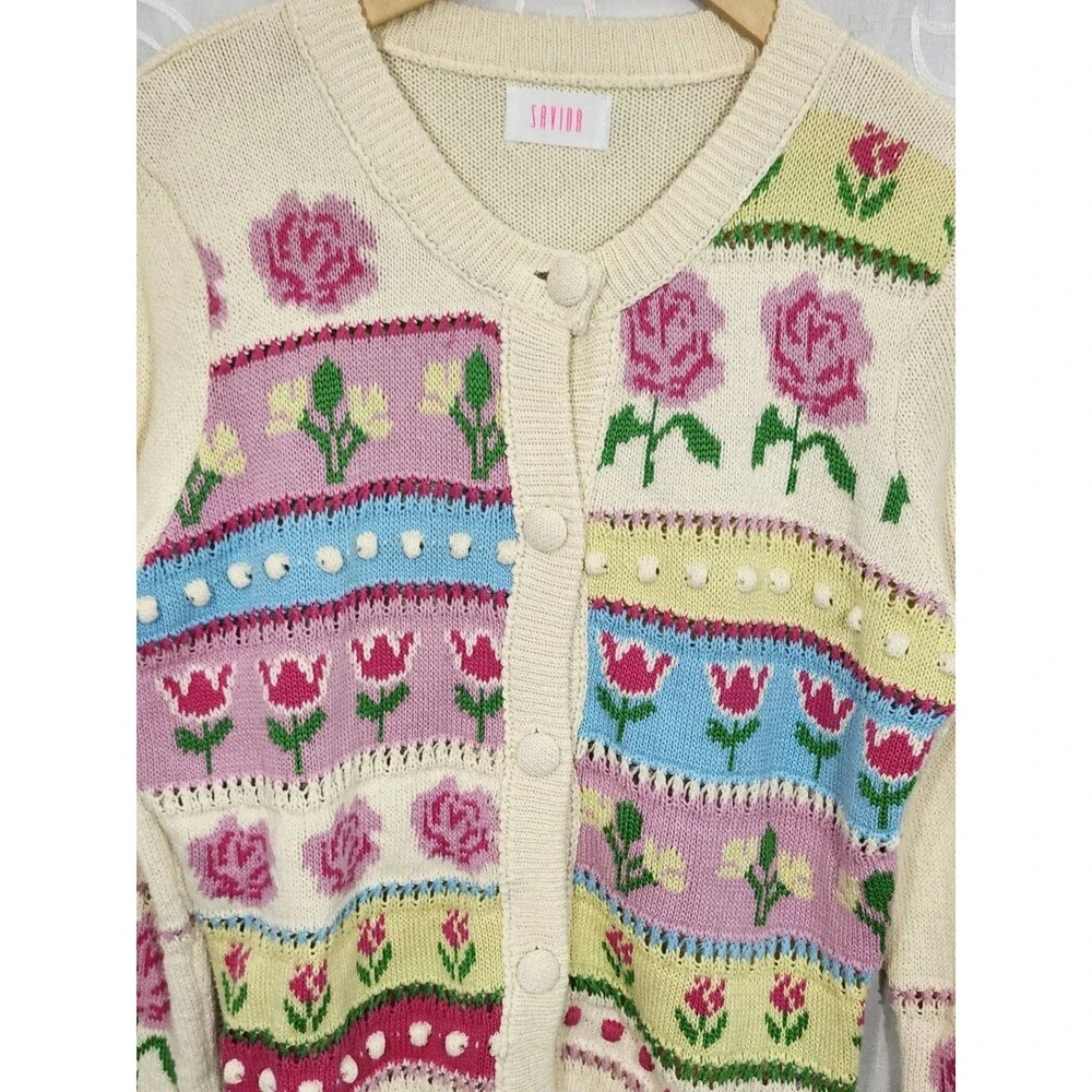 Savida Womens Large Floral Knit Cardigan Sweater Cottagecore Romantic Button